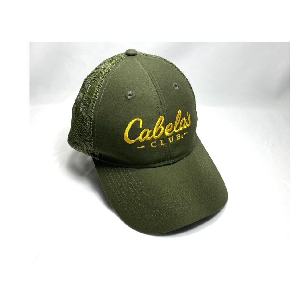 Cabelas Club Trucker‎ Hat Mens Olive Green Yellow Embroidered Snapback Mesh Cap